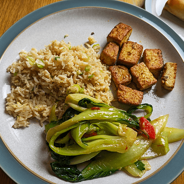 Aldis Chilli Marinated Tofu with fried rice and Pak Choi