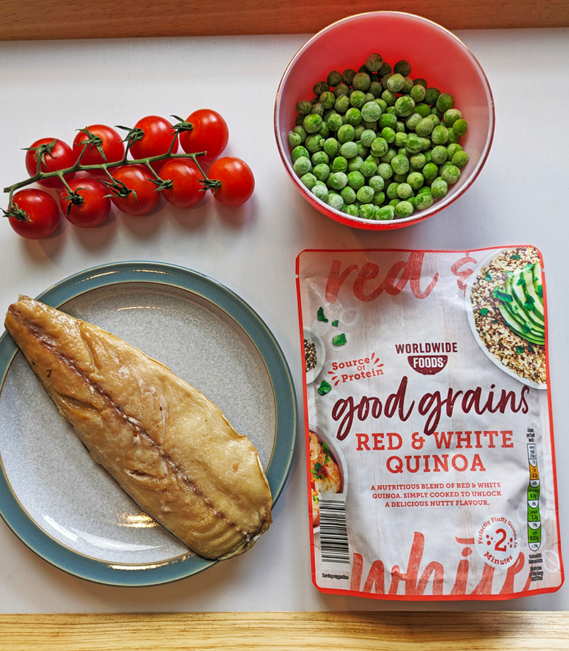 Hot Smoked Mackerel, Frozen Peas, Cherry Tomatoes on the vine, Aldi Good Grains Quinoa