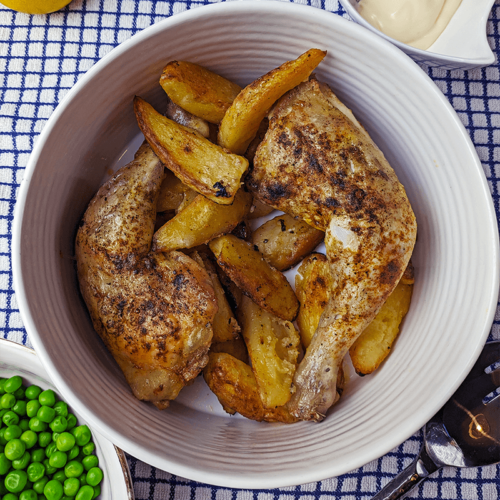 Lemon, Garlic and Paprika Chicken Legs and Wedges with peas, lemon and garlic mayonaise