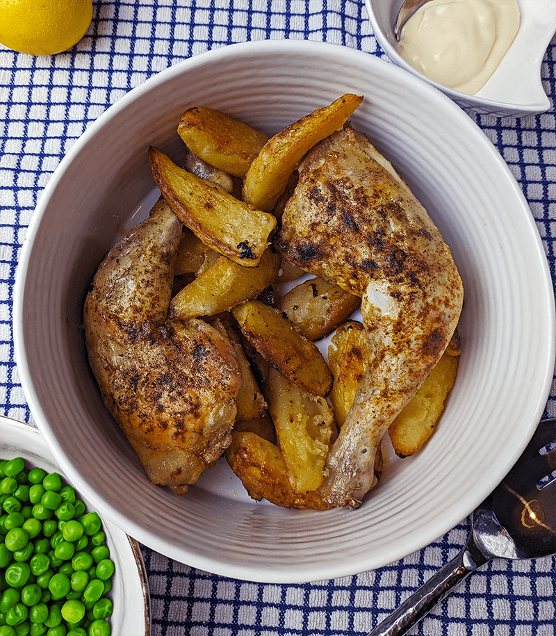 Lemon, Garlic and Paprika Chicken Legs and Wedges with peas, lemon and garlic mayonaise