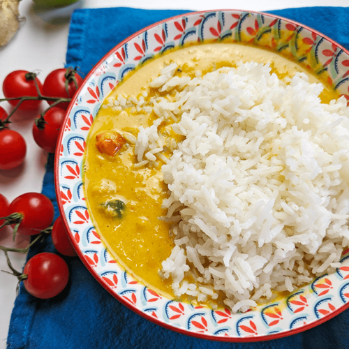 Roasted Vegetable Curry in a bowl with rice