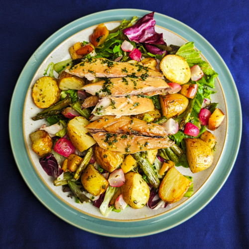 Smoked Mackerel with roasted mix of apple, new potatoes, asparagus and radish, drizzled in honey mustard dressing, mixed with a crunchy salad.