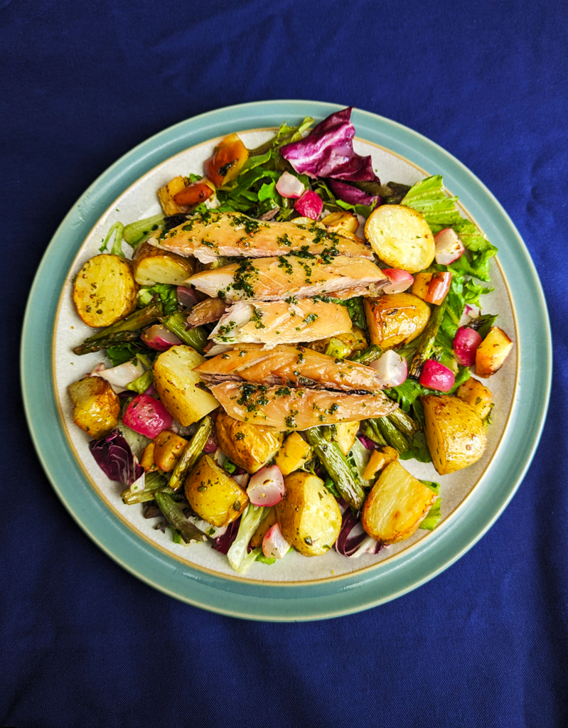 Smoked Mackerel with roasted mix of apple, new potatoes, asparagus and radish, drizzled in honey mustard dressing, mixed with a crunchy salad.